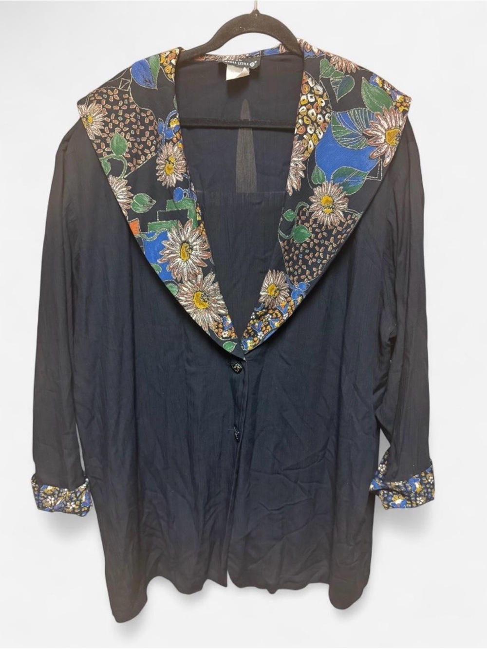 Vintage Carole Little II Black Flowy Blazer with Floral Painted Collar